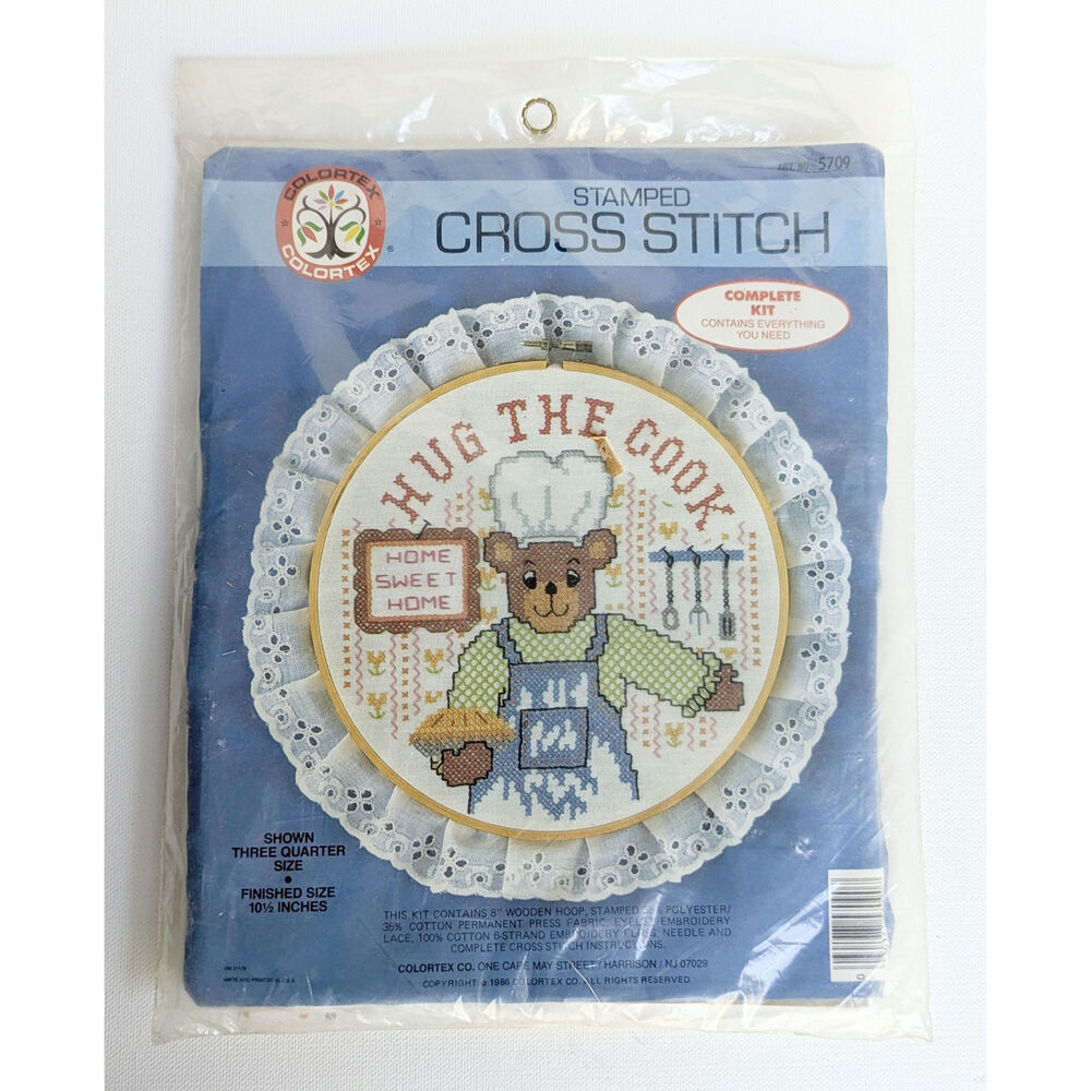 Vintage 1986 Sealed Colortex Hug the Cook Bear Stamped Cross Stitch Kit